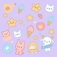 A whimsical assortment of adorable cartoon characters, including a pig, stars, ice cream cones, and various animals, arranged on a soft purple background for a playful design.