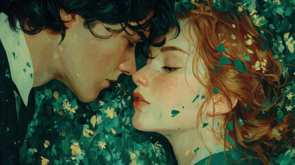 Romantic Couple Portrait Tender Kiss Amidst Teal Foliage
