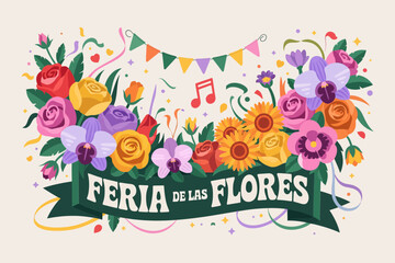Feria de las Flores banner with colorful roses, festive bunting, music notes, traditional Colombian flower festival vector design   © RA Studio