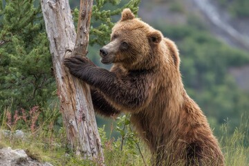 Obraz premium CAPTIVE Grizzly uses a tree to scratch its back Alaska Wildlife Conservation Center South central Alaska summer
