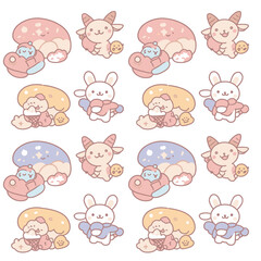 Naklejka premium A whimsical pattern features adorable cartoon characters, including goats and rabbits, alongside colorful mushroom and sleepy creature illustrations, creating a cheerful and playful design.
