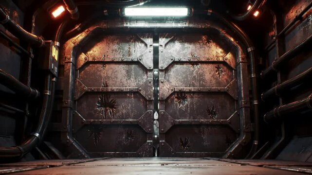 Deep underground AI vault, reinforced doors, rotating scanning lights, cables snaking along the walls