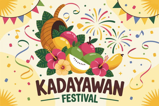 Kadayawan Festival harvest design, fruit basket and leaves composition, Philippines culture celebration, colorful vector illustration