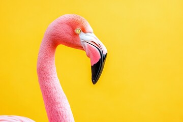 Vibrant pink flamingo against a bright yellow background creating a bold visual contrast
