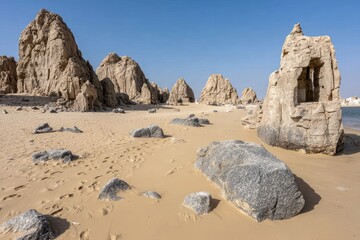 Desert beach with sculpted rock formations
