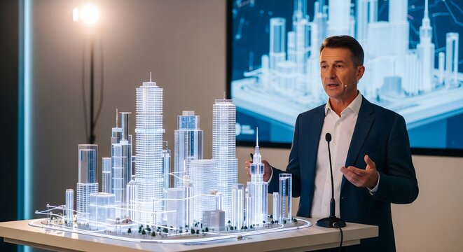 Presenter explaining city development plans using architectural model highlighting future growth and design concepts in urban planning.