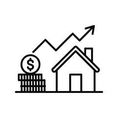 Line art of house with upward arrow and stacked coins with dollar sign, symbolizing real estate value growth, investment, and financial success