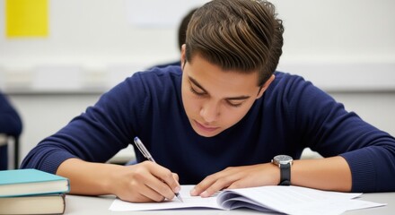 Young hispanic male teen studying intently in classroom setting