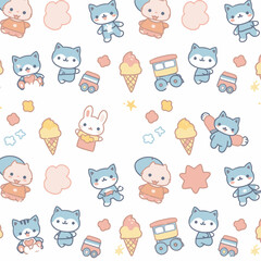 A charming seamless pattern featuring adorable pastel cartoon cats, bunnies, and babies alongside ice cream cones and toy trains on a white background.