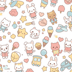 Adorable kawaii cartoon characters including cats, bunnies, and ice cream cones in a playful, pastel-colored pattern.