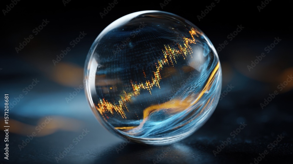 Poster enigmatic crystal sphere encapsulates vibrant graphs and fluctuating data points representing the co