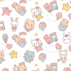 Cute kawaii cartoon pattern featuring playful animals, toys, and sweet treats on a white background, perfect for children's designs.
