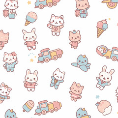 A delightful seamless pattern featuring adorable pastel cartoon cats, bunnies, and trains, perfect for children's designs and playful backgrounds.