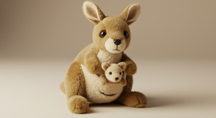 Fototapeta premium Plush kangaroo with joey, soft fur, neutral background