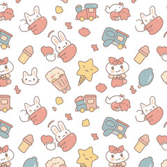 A charming, whimsical pattern featuring adorable cartoon animals, ice cream, trains, and stars arranged in a delightful, repeating design on a clean white background.