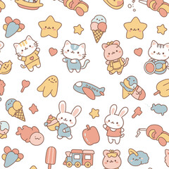Adorable kawaii cartoon characters including cats, bears, and bunnies with ice cream, stars, and toys on a white background.