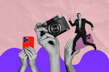 Banner 3d image pop full collage of happy girl guy sit hands hold retro camera shooting modern...