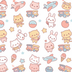 Adorable kawaii pattern featuring playful cats, bunnies, airplanes, and trains in soft pastel colors, perfect for children's designs and backgrounds.