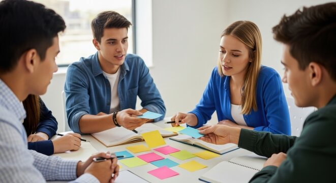Young multiracial team collaborating on project with sticky notes in modern office