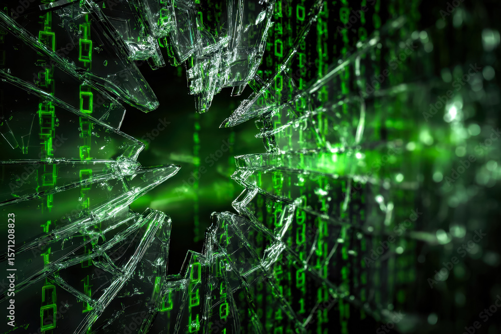 Poster digital data breach illusion with shattered glass and cascading code effects