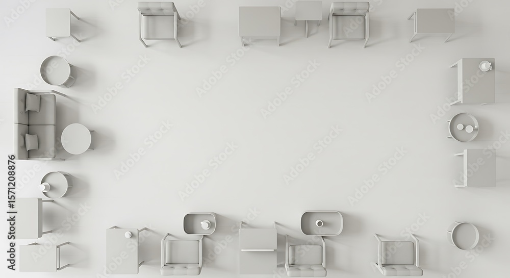 Poster Overhead view of various light gray furniture pieces arranged in a rectangular frame on a plain white background.
