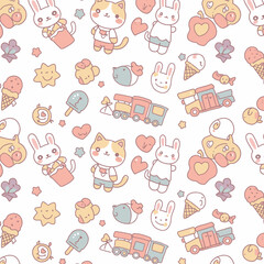 A whimsical pattern showcases adorable cartoon animals, including bunnies and cats, alongside treats like ice cream and trains, creating a delightful and playful design.