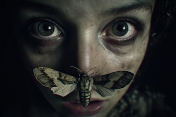 Close encounter with a large moth on a person's face in a dark setting