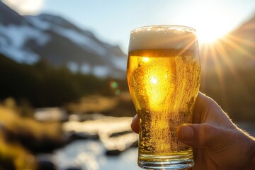 Refreshing beer in hand with majestic mountains and sunlit sky in the background