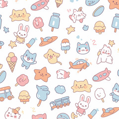 Adorable kawaii cartoon characters including cats, bunnies, stars, and ice cream in a playful, seamless pattern.