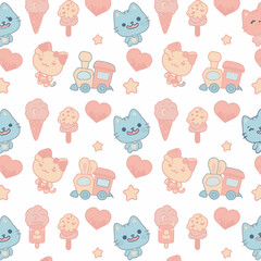 A whimsical repeating pattern features adorable cartoon kittens, ice cream treats, toy trains, hearts, and stars, creating a joyful and playful design perfect for children's products.