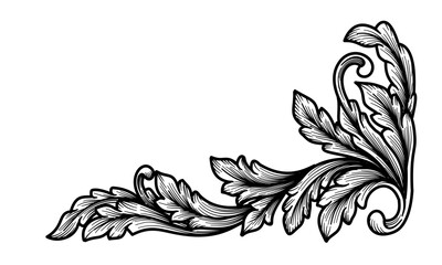 Vintage Baroque acanthus corner border frame swirl decorative design element. Classic calligraphy Floral engraving ornamental design. Antique filigree, art deco, flourish. Heraldic vector illustration