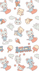 Delightful seamless pattern features adorable cartoon animals, ice cream cones, and a charming toy train, all set against a clean, white background, perfect for children's designs.