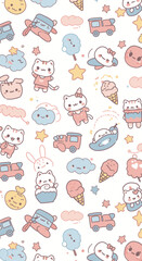Charming Kawaii pattern featuring cute cartoon cats, trains, airplanes, ice cream, and stars on a white background.