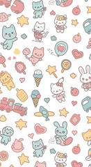 A delightful seamless pattern featuring adorable pastel cartoon cats, bunnies, and playful objects, perfect for children's designs.