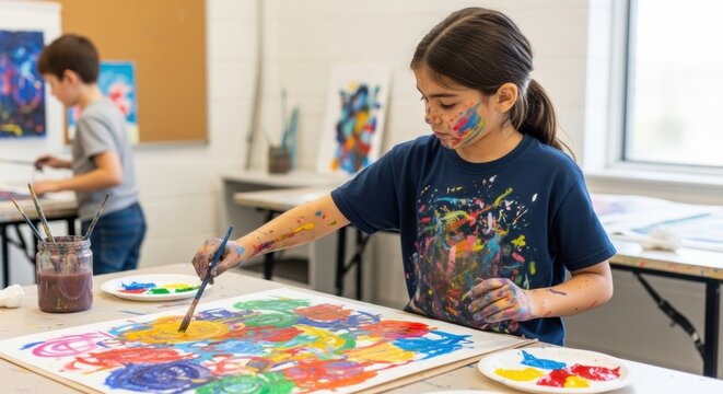Young hispanic girl painting in art class with colorful face paint in creative studio
