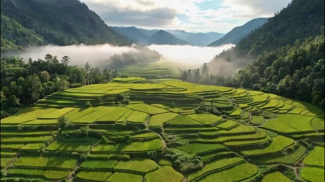 Misty Mountain Rice Terraces Breathtaking Aerial View of Lush Green Fields