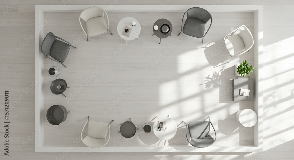 Poster overhead view of a modern lounge area with chairs and tables arranged in a circle.
