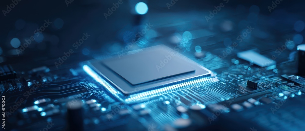 Poster the microchip illuminated on a modern circuit board with advanced technology