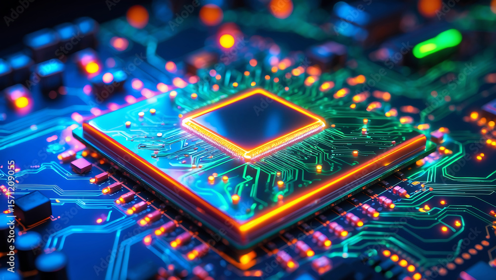 Poster detailed view of a modern computer processor circuit board glowing with bright vibrant lights