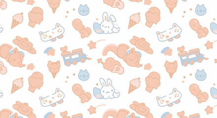 A whimsical seamless pattern featuring cute cartoon bunnies, cats, ice cream, and trains in soft pastel colors on a white background, perfect for children's designs.