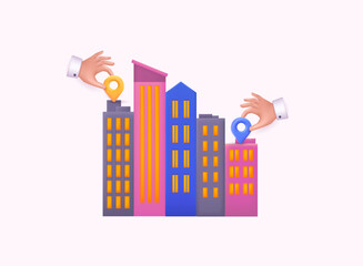 Hands with point puts him on house. Banner for advertising concepts of real estate, buying, selling, security, and repair. 3D Web Vector Illustrations.