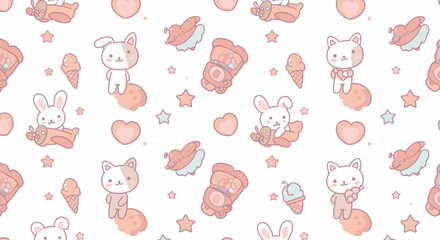 A charming and whimsical repeating pattern showcases adorable cartoon animals, including bunnies and bears, with hearts, ice cream, and stars on a clean white background.