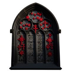 Gothic church window adorned with red decorative crosses and starbursts against black frames PNG file isolated on transparent background cut out, clipping path, social media, Advertisement, high.