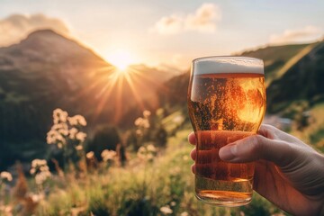 Refreshing beer in hand against a scenic mountain landscape under a bright sunlit sky