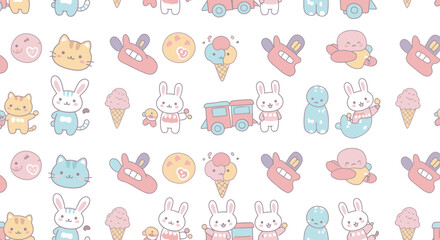 A cute and playful seamless pattern featuring pastel-colored kawaii illustrations of animals, desserts, and toys, creating a whimsical and charming design for various applications.