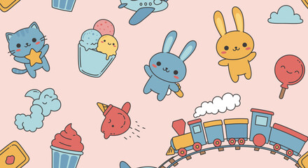 A charming pattern of whimsical illustrations featuring adorable cartoon animals, ice cream, a train, and other playful elements set against a soft pink backdrop.