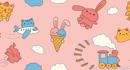 Charming Kawaii-style pattern featuring cute cartoon cats, bunnies, an airplane, ice cream, and a train on a soft pink background.