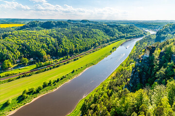 A view west along  the River Elbe from the Bastei vantage point in Saxon Switzerland, Germany in springtime