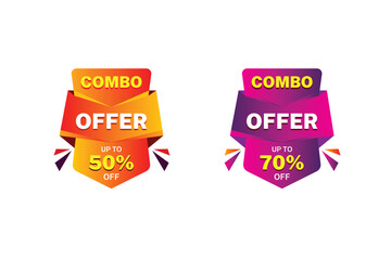 Vector combo offer design-labels set design. Vector illustration for social media. vector sticker, badge and tag, Up to 50% off, Up to 70% off, Orange & purple gradient design with white background.