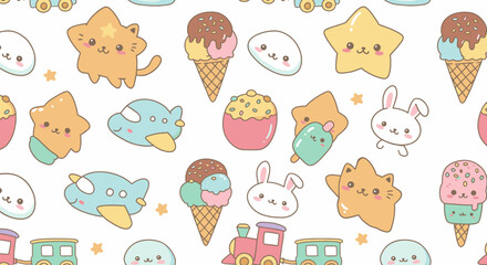A charming seamless pattern featuring an assortment of cute kawaii-style characters, including stars, ice cream, airplanes, and bunnies, perfect for children's designs.